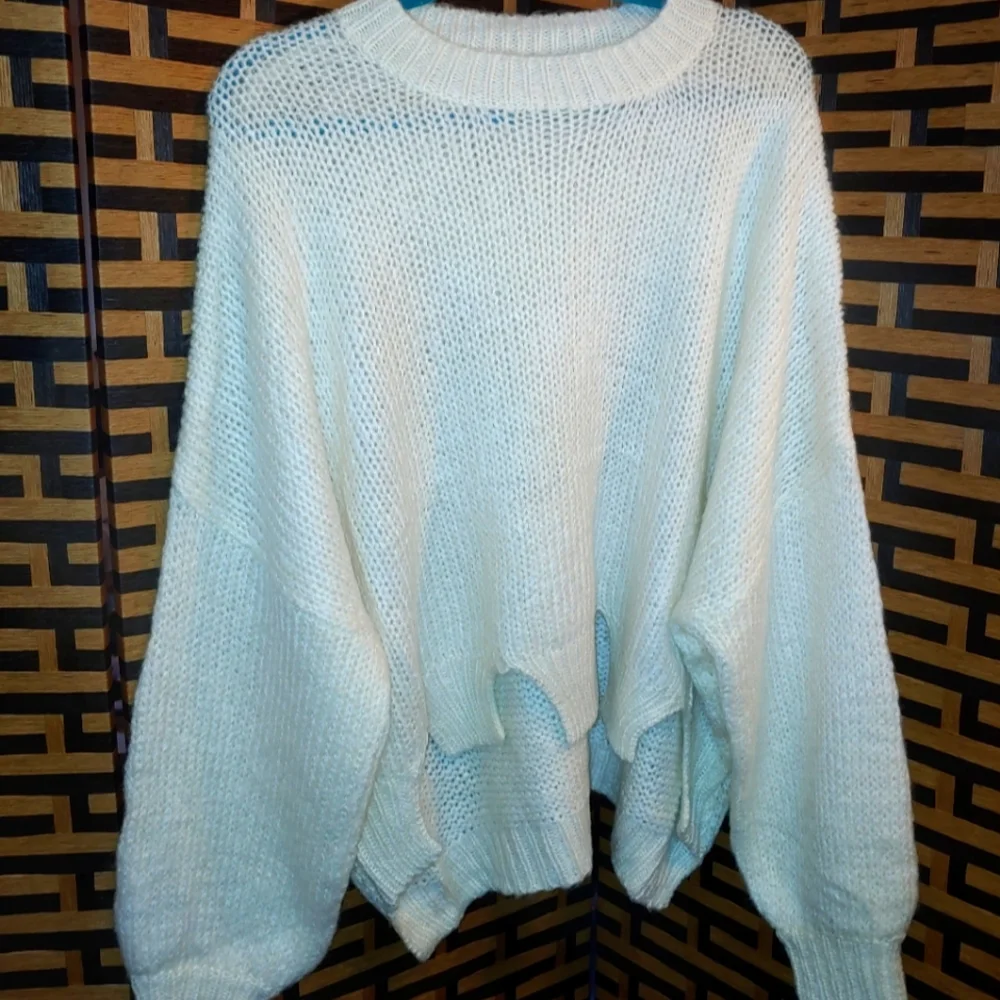 Blue Blush "Made With Love" Distressed Hem Crewneck Cable knit Baggy Sweater - Picture 1 of 7
